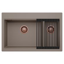 HD Aspen Tortora 78 kétmedencés gránit mosogatótálca szett, matt fekete csepegtetőráccsal, tortora színben, szálcsiszolt réz leeresztő szifonnal