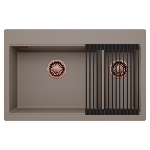 HD Aspen Tortora 78 kétmedencés gránit mosogatótálca szett, matt fekete csepegtetőráccsal, tortora színben, szálcsiszolt réz leeresztő szifonnal
