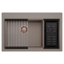 HD Aspen Tortora 78 kétmedencés gránit mosogatótálca szett, acél csepegtetőráccsal és matt fekete kosárral, tortora színben, szálcsiszolt réz leeresztő szifonnal