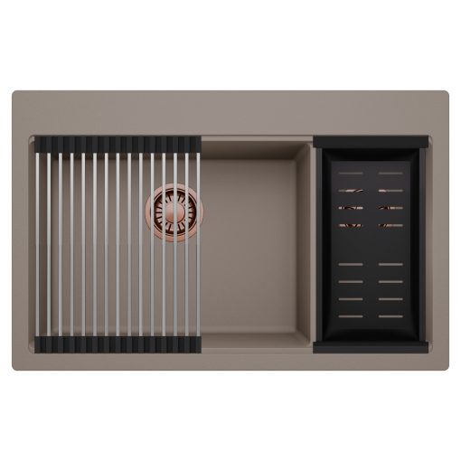 HD Aspen Tortora 78 kétmedencés gránit mosogatótálca szett, acél csepegtetőráccsal és matt fekete kosárral, tortora színben, szálcsiszolt réz leeresztő szifonnal