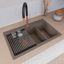 HD Aspen Tortora 78 kétmedencés gránit mosogatótálca szett, acél csepegtetőráccsal és matt fekete kosárral, tortora színben, szálcsiszolt réz leeresztő szifonnal