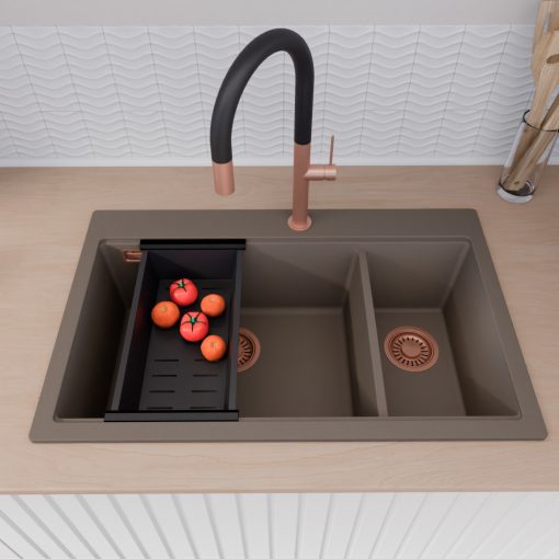 HD Aspen Tortora 78 kétmedencés gránit mosogatótálca szett, acél csepegtetőráccsal és matt fekete kosárral, tortora színben, szálcsiszolt réz leeresztő szifonnal