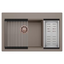 HD Aspen Tortora 78 kétmedencés gránit mosogatótálca szett, acél csepegtetőráccsal és kosárral, tortora színben, szálcsiszolt réz leeresztő szifonnal