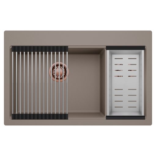 HD Aspen Tortora 78 kétmedencés gránit mosogatótálca szett, acél csepegtetőráccsal és kosárral, tortora színben, szálcsiszolt réz leeresztő szifonnal