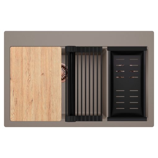 HD Aspen Tortora 78 kétmedencés gránit mosogatótálca szett, vágódeszkával, matt fekete csepegtetőráccsal és kosárral, tortora színben, szálcsiszolt réz leeresztő szifonnal