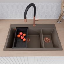 HD Aspen Tortora 78 kétmedencés gránit mosogatótálca szett, vágódeszkával, matt fekete csepegtetőráccsal és kosárral, tortora színben, szálcsiszolt réz leeresztő szifonnal