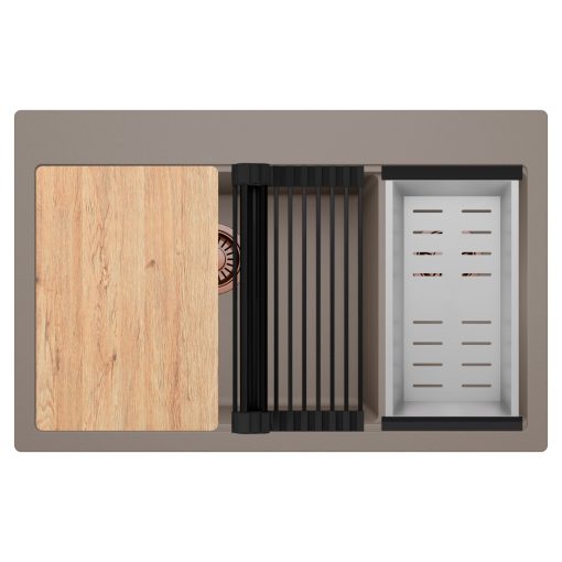 HD Aspen Tortora 78 kétmedencés gránit mosogatótálca szett, vágódeszkával, matt fekete csepegtetőráccsal és krómozott kosárral, tortora színben, szálcsiszolt réz leeresztő szifonnal