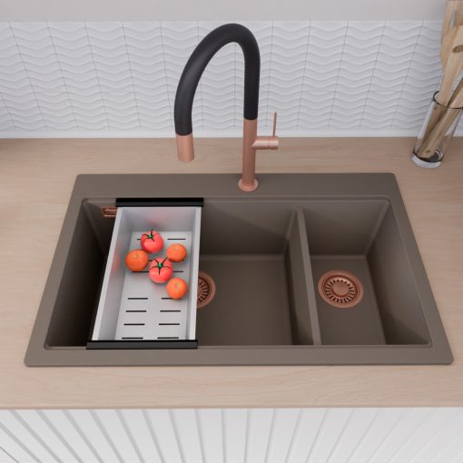 HD Aspen Tortora 78 kétmedencés gránit mosogatótálca szett, vágódeszkával, matt fekete csepegtetőráccsal és krómozott kosárral, tortora színben, szálcsiszolt réz leeresztő szifonnal