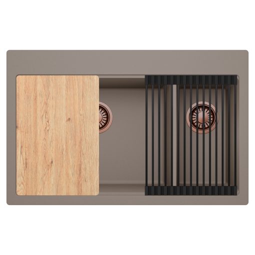 HD Aspen Tortora 78 kétmedencés gránit mosogatótálca szett, vágódeszkával, matt fekete csepegtetőráccsal, tortora színben, szálcsiszolt réz leeresztő szifonnal