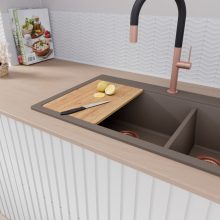 HD Aspen Tortora 78 kétmedencés gránit mosogatótálca szett, vágódeszkával, matt fekete csepegtetőráccsal, tortora színben, szálcsiszolt réz leeresztő szifonnal