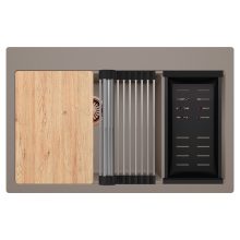 HD Aspen Tortora 78 kétmedencés gránit mosogatótálca szett, vágódeszkával, acél csepegtetőráccsal és matt fekete kosárral, tortora színben, szálcsiszolt réz leeresztő szifonnal