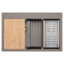 HD Aspen Tortora 78 kétmedencés gránit mosogatótálca szett, vágódeszkával, acél csepegtetőráccsal és kosárral, tortora színben, szálcsiszolt réz leeresztő szifonnal