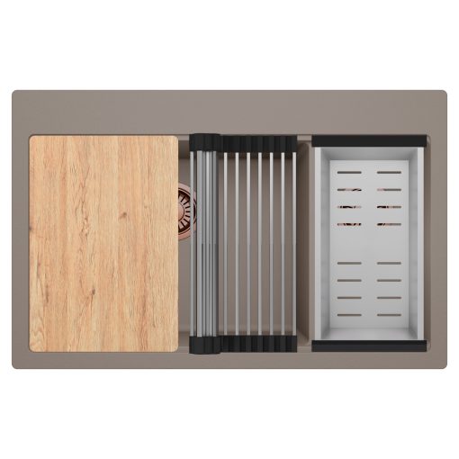 HD Aspen Tortora 78 kétmedencés gránit mosogatótálca szett, vágódeszkával, acél csepegtetőráccsal és kosárral, tortora színben, szálcsiszolt réz leeresztő szifonnal