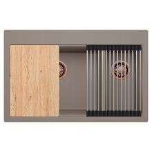 HD Aspen Tortora 78 kétmedencés gránit mosogatótálca szett, vágódeszkával, acél csepegtetőráccsal, tortora színben, szálcsiszolt réz leeresztő szifonnal