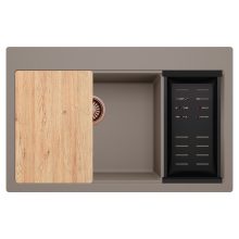 HD Aspen Tortora 78 kétmedencés gránit mosogatótálca szett, vágódeszkával, matt fekete csepegtetőkosárral, tortora színben, szálcsiszolt réz leeresztő szifonnal