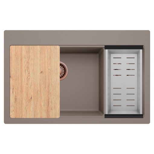 HD Aspen Tortora 78 kétmedencés gránit mosogatótálca szett, vágódeszkával, acél csepegtetőkosárral, tortora színben, szálcsiszolt réz leeresztő szifonnal