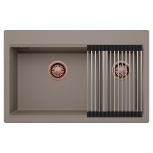 HD Aspen Tortora 78 kétmedencés gránit mosogatótálca szett, acél csepegtetőráccsal, tortora színben, szálcsiszolt réz leeresztő szifonnal