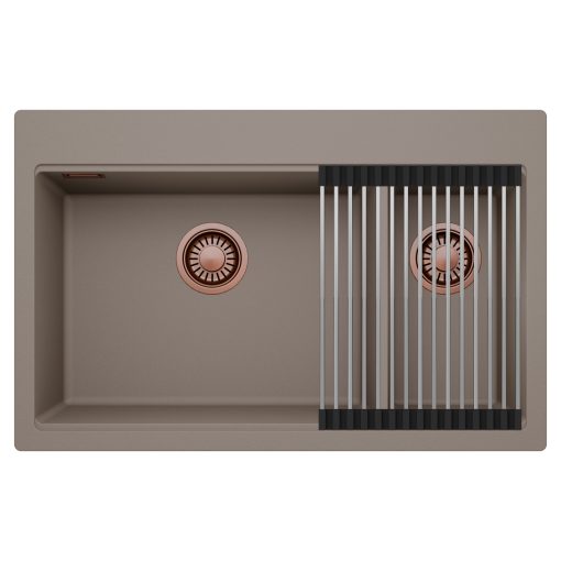 HD Aspen Tortora 78 kétmedencés gránit mosogatótálca szett, acél csepegtetőráccsal, tortora színben, szálcsiszolt réz leeresztő szifonnal