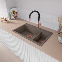 HD Aspen Tortora 78 kétmedencés gránit mosogatótálca, tortora színben, szálcsiszolt réz leeresztő szifonnal