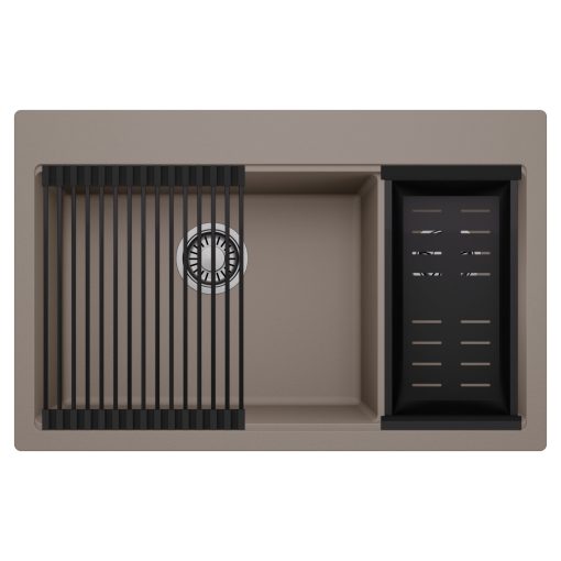 HD Aspen Tortora 78 kétmedencés gránit mosogatótálca szett, matt fekete csepegtetőráccsal és kosárral, tortora színben