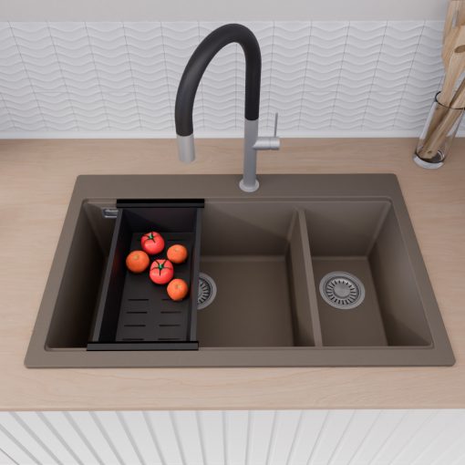 HD Aspen Tortora 78 kétmedencés gránit mosogatótálca szett, matt fekete csepegtetőráccsal és kosárral, tortora színben