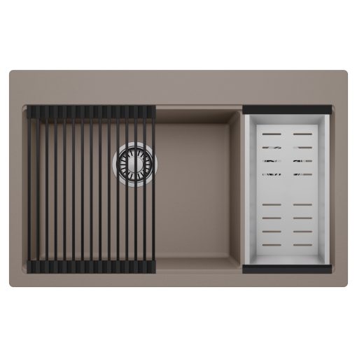 HD Aspen Tortora 78 kétmedencés gránit mosogatótálca szett, matt fekete csepegtetőráccsal és krómozott kosárral, tortora színben