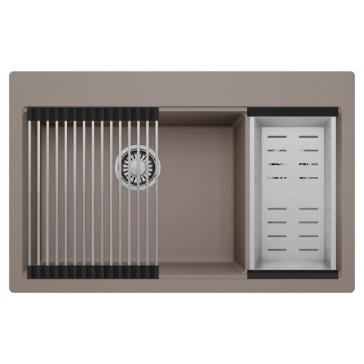 HD Aspen Tortora 78 kétmedencés gránit mosogatótálca szett, acél csepegtetőráccsal és kosárral, tortora színben