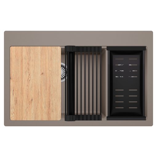 HD Aspen Tortora 78 kétmedencés gránit mosogatótálca szett, vágódeszkával, matt fekete csepegtetőráccsal és kosárral, tortora színben