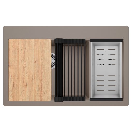 HD Aspen Tortora 78 kétmedencés gránit mosogatótálca szett, vágódeszkával, matt fekete csepegtetőráccsal és krómozott kosárral, tortora színben