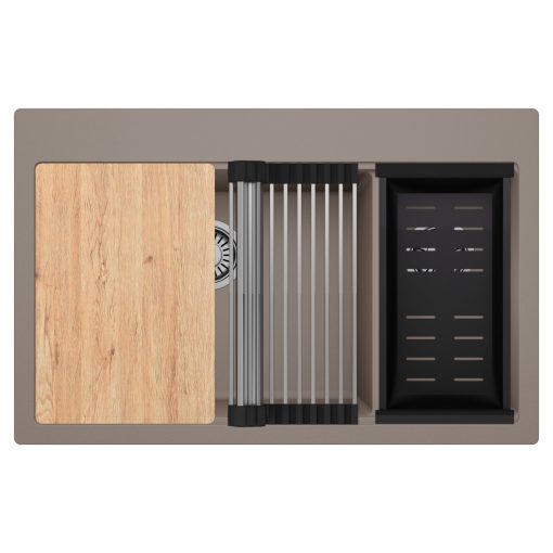 HD Aspen Tortora 78 kétmedencés gránit mosogatótálca szett, vágódeszkával, acél csepegtetőráccsal és matt fekete kosárral, tortora színben