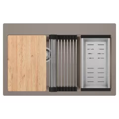   HD Aspen Tortora 78 kétmedencés gránit mosogatótálca szett, vágódeszkával, acél csepegtetőráccsal és kosárral, tortora színben