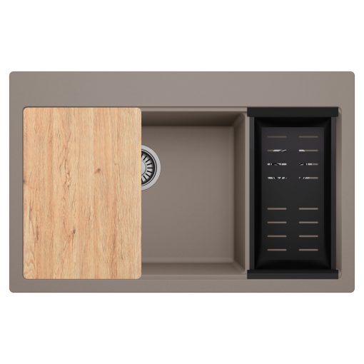 HD Aspen Tortora 78 kétmedencés gránit mosogatótálca szett, vágódeszkával, matt fekete csepegtetőkosárral, tortora színben
