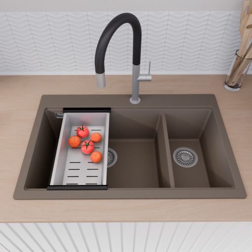 HD Aspen Tortora 78 kétmedencés gránit mosogatótálca szett, vágódeszkával, acél csepegtetőkosárral, tortora színben