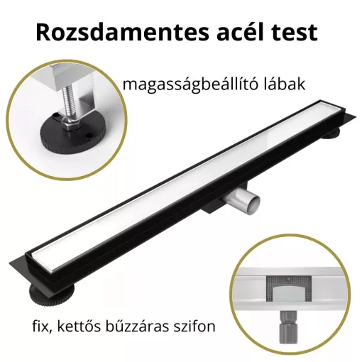 HD Mars+ 02 White fehér-üveg komplett rozsdamentes acél zuhanyfolyóka fekete zuhanyfolyóka testtel, kettős bűzzárral