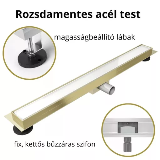HD Mars+ 02 White fehér-üveg komplett rozsdamentes acél zuhanyfolyóka arany zuhanyfolyóka testtel, kettős bűzzárral