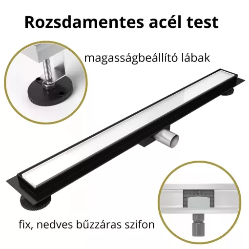 HD Mars 02 White fehér-üveg komplett rozsdamentes acél zuhanyfolyóka fekete zuhanyfolyóka testtel