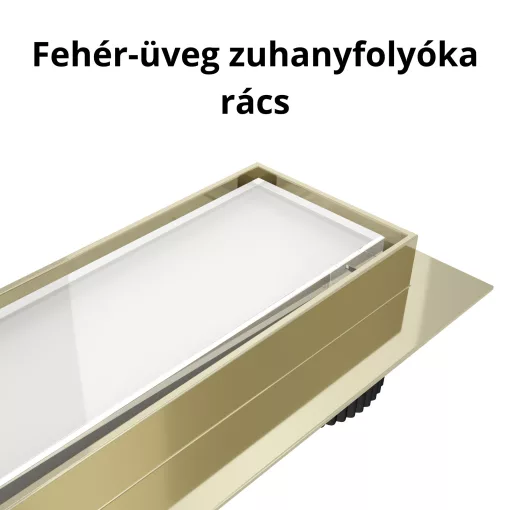 HD Mars 02 White fehér-üveg komplett rozsdamentes acél zuhanyfolyóka arany zuhanyfolyóka testtel