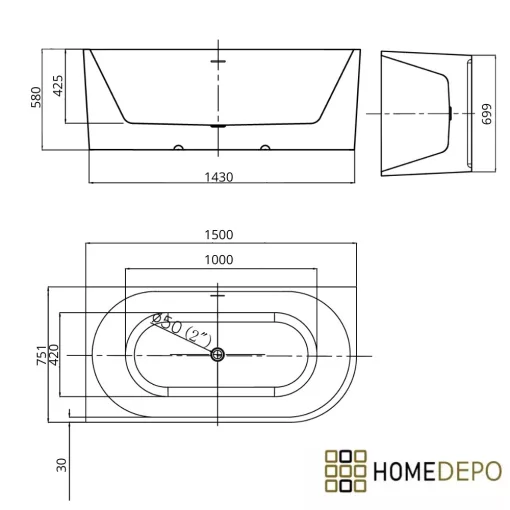 HD Serico 150x75 cm balos félszabadonálló akril kád fényes fehér túlfolyóval és click-clack leeresztővel