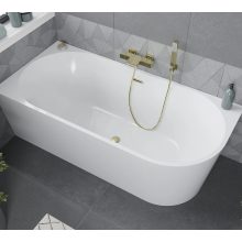 HD Serico 150x75 cm balos félszabadonálló akril kád szálcsiszolt arany túlfolyóval és click-clack leeresztővel