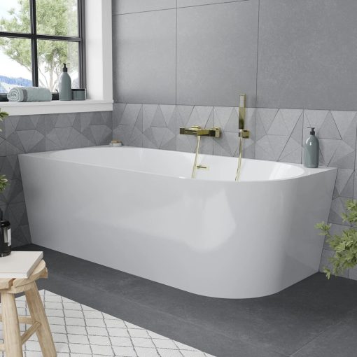 HD Serico 150x75 cm balos félszabadonálló akril kád szálcsiszolt arany túlfolyóval és click-clack leeresztővel