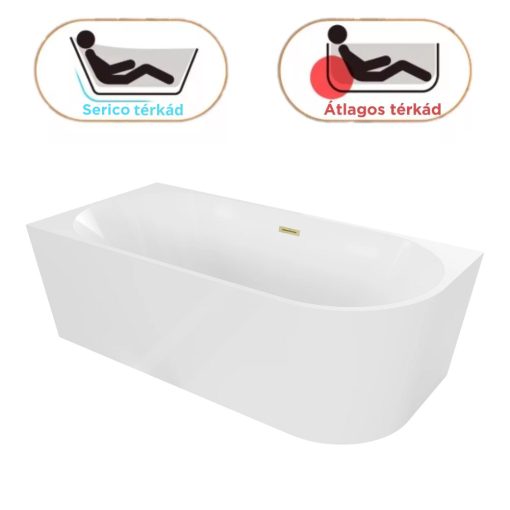 HD Serico 150x75 cm balos félszabadonálló akril kád szálcsiszolt arany túlfolyóval és click-clack leeresztővel