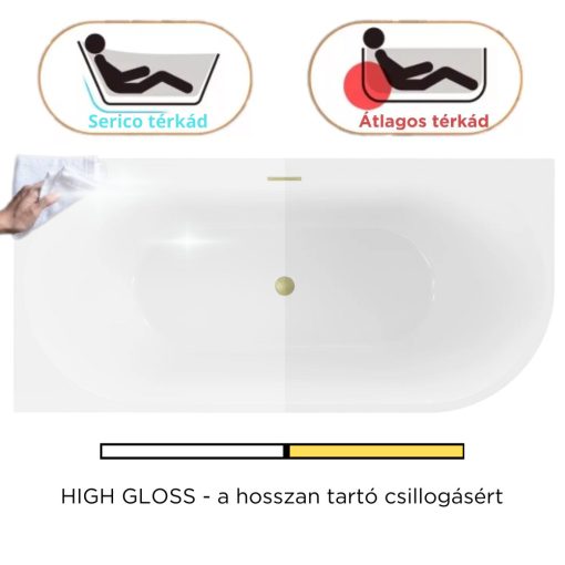 HD Serico 150x75 cm balos félszabadonálló akril kád szálcsiszolt arany túlfolyóval és click-clack leeresztővel