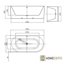 HD Serico 150x75 cm balos félszabadonálló akril kád szürke túlfolyóval és click-clack leeresztővel