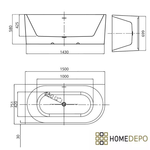 HD Serico 150x75 cm balos félszabadonálló akril kád szürke túlfolyóval és click-clack leeresztővel