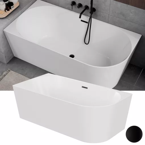 HD Serico 150x75 cm balos félszabadonálló akril kád matt fekete túlfolyóval és click-clack leeresztővel