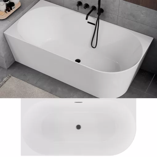 HD Serico 150x75 cm balos félszabadonálló akril kád matt fekete túlfolyóval és click-clack leeresztővel