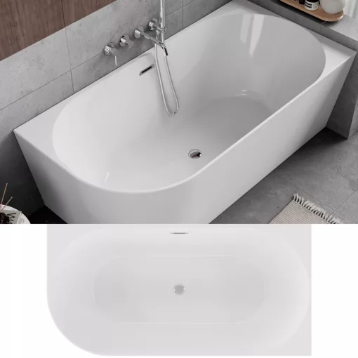 HD Serico 150/160/170 cm hosszú aszimmetrikus félszabadonálló akril kád fényes króm túlfolyóval és click-clack leeresztővel
