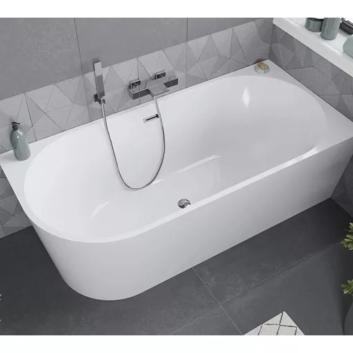 HD Serico 150/160/170 cm hosszú aszimmetrikus félszabadonálló akril kád fényes króm túlfolyóval és click-clack leeresztővel