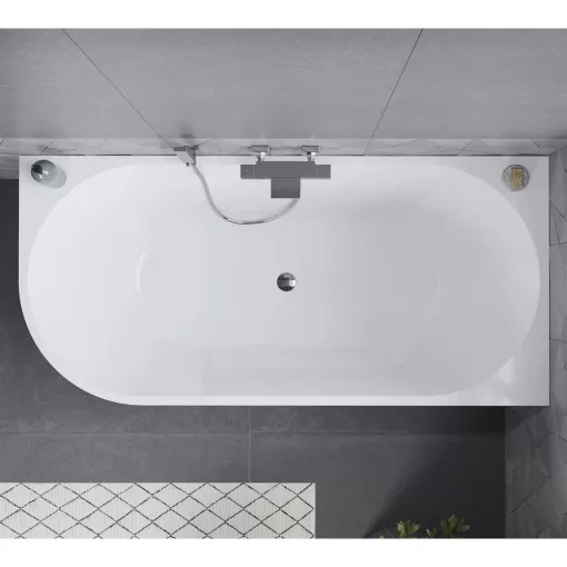 HD Serico 150/160/170 cm hosszú aszimmetrikus félszabadonálló akril kád fényes króm túlfolyóval és click-clack leeresztővel