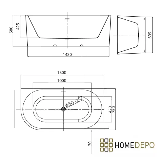 HD Serico 150/160/170 cm hosszú aszimmetrikus félszabadonálló akril kád fényes fehér túlfolyóval és click-clack leeresztővel